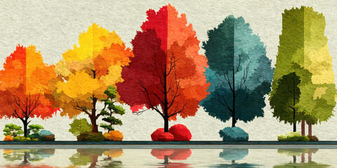 Colorful Abstract Trees in a Line Reflecting on Water with Textured Background Art