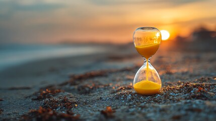 Hourglass at golden sunset on beach time concept  
