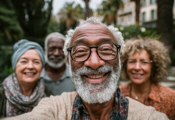 Group of diverse seniors smiling joyfully for a selfie in a lush outdoor setting, surrounded by greenery and vibrant plants, capturing a moment of friendship and happiness