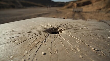 Explosive impact demonstration desert testing ground photography rugged terrain close-up destruction concept