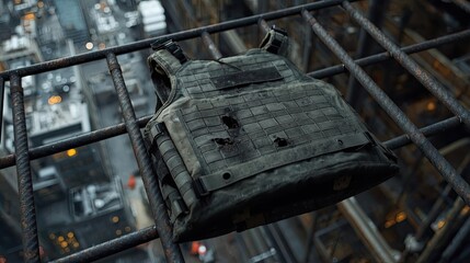 Abandoned bulletproof vest urban rooftop photography nighttime cityscape aerial view survival concept