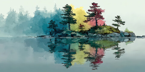 Watercolor Sketch of Colorful Trees on a Small Island Reflected in Blue Water