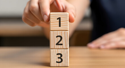 Close-Up Hand Stacking Wooden Blocks Numbered One Two Three Sequential Business Planning Concept