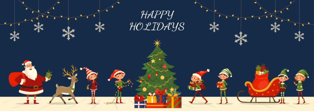 Winter banner with Santa Claus, elves, deer and presents Vector templates with fun characters Cute kids design for print, party invitation, flyer, banner. Merry Christmas, Happy holidays 2026 cover - Powered by Adobe