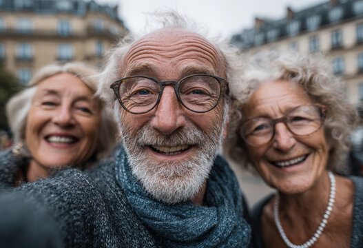 Group of three elderly individuals, smiling joyfully while taking a selfie outdoors, showcasing friendship and connection in a vibrant urban environment with historic architecture