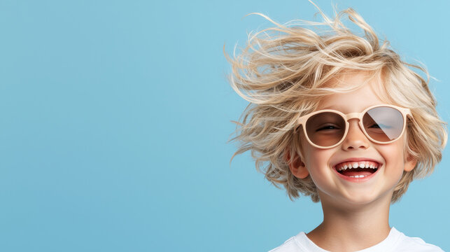 Smiling child with blonde hair wearing sunglasses and white shirt on blue background, playful joyful expression, windblown hair, studio portrait, bright minimal lighting