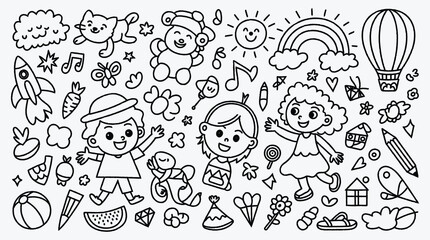 Obraz premium Cute doodle art illustration featuring children animals and various objects