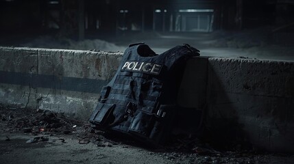 Police action at abandoned site tactical vest left behind dark environment gripping visuals