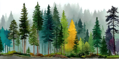 Watercolor Painting of Dense Pine Forest with Green Blue and Yellow Trees in Mist