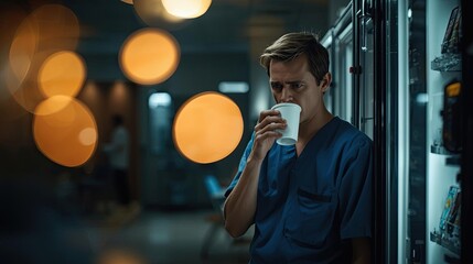 Healthcare professional reflecting in hospital corridor emotional scene modern medical environment close-up view