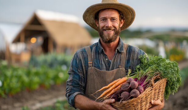 Smiling man with a straw hat holds a basket of freshly harvested vegetables, showcasing vibrant carrots and beets in a lush farm setting, embodying sustainable agriculture practices
