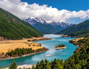 Turquoise river flows thru mountain valley, snow-capped peaks