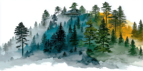 Misty Mountain Forest Landscape with Coniferous Trees and Cabin on Hilltop Watercolor