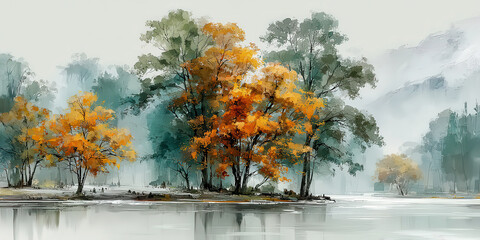 Impressionist Watercolor Landscape with Autumn Orange Trees on Lakeshore in Misty Mountains