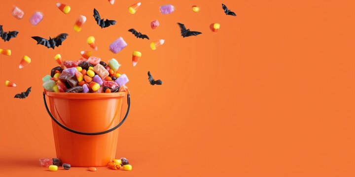 Bright orange Halloween bucket filled with colorful wrapped candies and candy corn, surrounded by scattered sweets on the ground with decorative black bats flying on a matching orange background. - Powered by Adobe