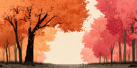 Stylized Autumn Forest Path with Red and Orange Trees and Textured Background Art