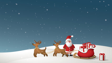 Winter Wonderland in Christmas eve have cute Santa Claus stands looking at his sleigh whish is overflowing with gift boxes graphic illustration.