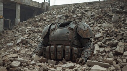 Destruction scene with headless robot armor urban ruins digital art post-apocalyptic environment wide angle view sci-fi concept