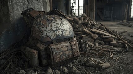 Abandoned military helmet in decaying urban landscape photography post-apocalyptic environment close-up view