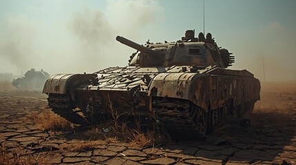 Military action abandoned tank in a desert landscape war remnants arid environment ground-level perspective