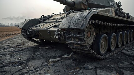 Military tank maneuvering in war-torn landscape action shot desolate environment close-up view