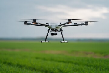 Heavy-duty multirotor drone with camera and sensors hovers midair over a vast green agricultural field under a cloudy sky during daytime