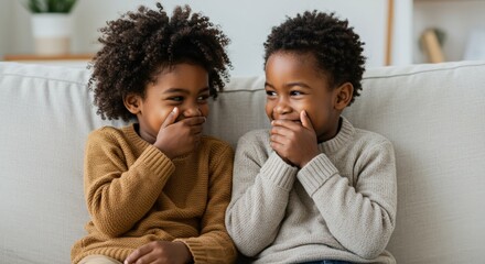 Obraz premium Two cheerful kids sitting on sofa laughing together
