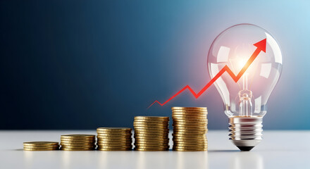 "Stacked coins beside glowing light bulb with red upward arrow — innovation, investment and rising returns concept"