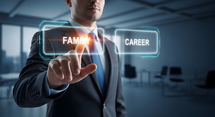 Businessman selecting career option on virtual interface with illuminated career and family choices, professional decision making and life balance concept