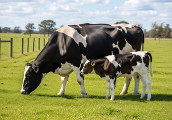 Cow and Calf Grazing in a Lush Green Pasture.