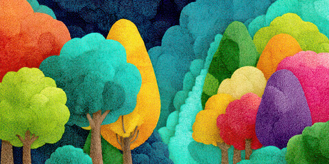 Textured Abstract Forest Landscape with Vivid and Diverse Colorful Foliage Trees