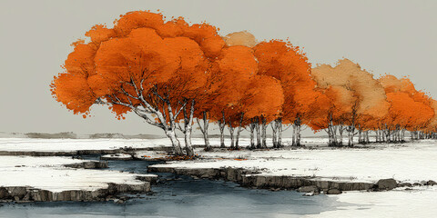 Row of Vibrant Orange Trees along a Stream in a Winter Landscape Watercolor Art