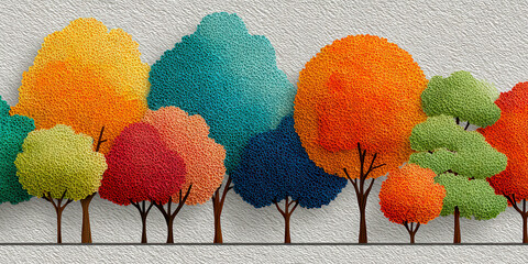 Textured Abstract Tree Line with Vibrant Orange Teal and Green Foliage Background Art