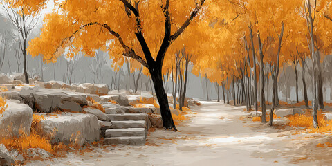 Tranquil Autumn Forest Path with Golden Yellow Trees and Rocky Landscape Illustration