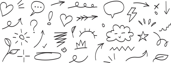 Cute Hand Drawn Doodle Elements - Vector Icon Pack with Arrows, Hearts & Speech Bubbles
