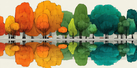 Colorful Tree Line Reflected in Water with Gradient of Autumn Orange to Green Foliage