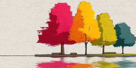Vibrant Abstract Tree Line with Pink Yellow and Teal Foliage Reflected in Water Art