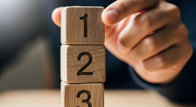 Close-Up Hand Stacking Wooden Blocks Numbered One Two Three Sequential Business Planning Concept