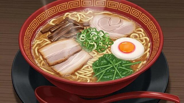 Appetizing Animated Japanese Ramen Bowl with Savory Broth, Chashu Pork, Soft-Boiled Egg, and Fresh Green Onions, Steaming Hot Comfort Food Illustra...