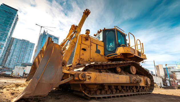 Old heavy equipment of bulldozer with sand in bucket. Bull dozer heavy machinery. Industrial heavy equipment. Bulldozer or dozer machinery