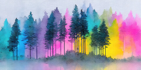 Surreal Forest with Dark Pine Tree Silhouettes against a Vibrant Rainbow Color Backdrop