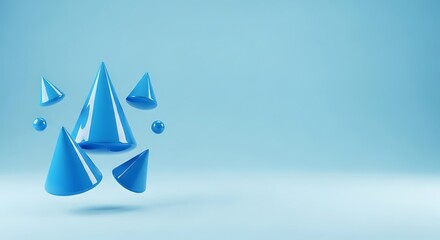 Fototapeta premium Glossy Blue 3D Geometric Cones Spheres Floating on Soft Cyan Background, Modern Abstract Design.