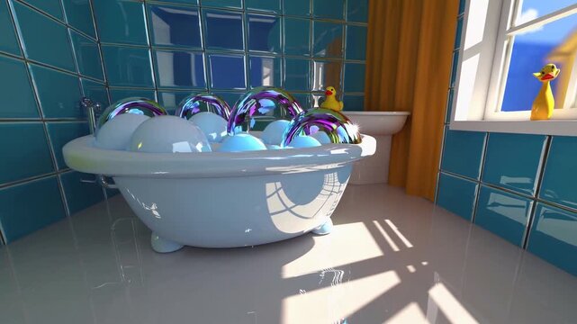 salle de bain 3D pastel avec baignoire, bulles et canard jaune