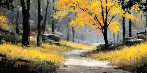 Misty Forest Path with Golden Yellow Grass and Autumn Trees Oil Painting Style