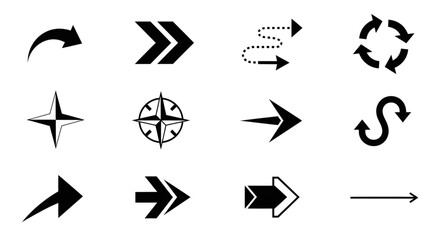 A large collection of black and white arrow icons showing different directions and styles.
