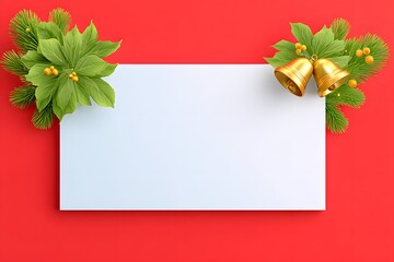 Obraz premium Festive Holiday Greeting Card: A blank greeting card on a vivid red background, adorned with Christmas embellishments, ready for holiday wishes.