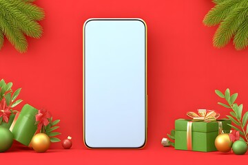 Holiday Mobile Presentation: A modern smartphone with a blank screen sits amidst festive ornaments, pine branches, and wrapped gifts. Perfectly captures the spirit of the season.