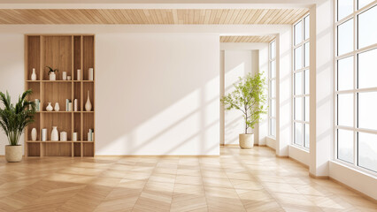 Empty room in Modern mid-century style with white wooden bookshelf, and parquet floor. and spacious unfurnished interior with large windows and natural light,3d render © LEKSTOCK 3D
