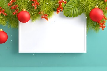 Christmas Decoration Composition: Festive decor, adorned with vibrant red ornaments and lush evergreen boughs, encapsulates the joyful spirit of the season. Embracing the festive season.