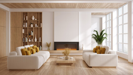 Modern mid-century interior living room  with fireplace, wooden ceiling, and cozy furniture. 3d render